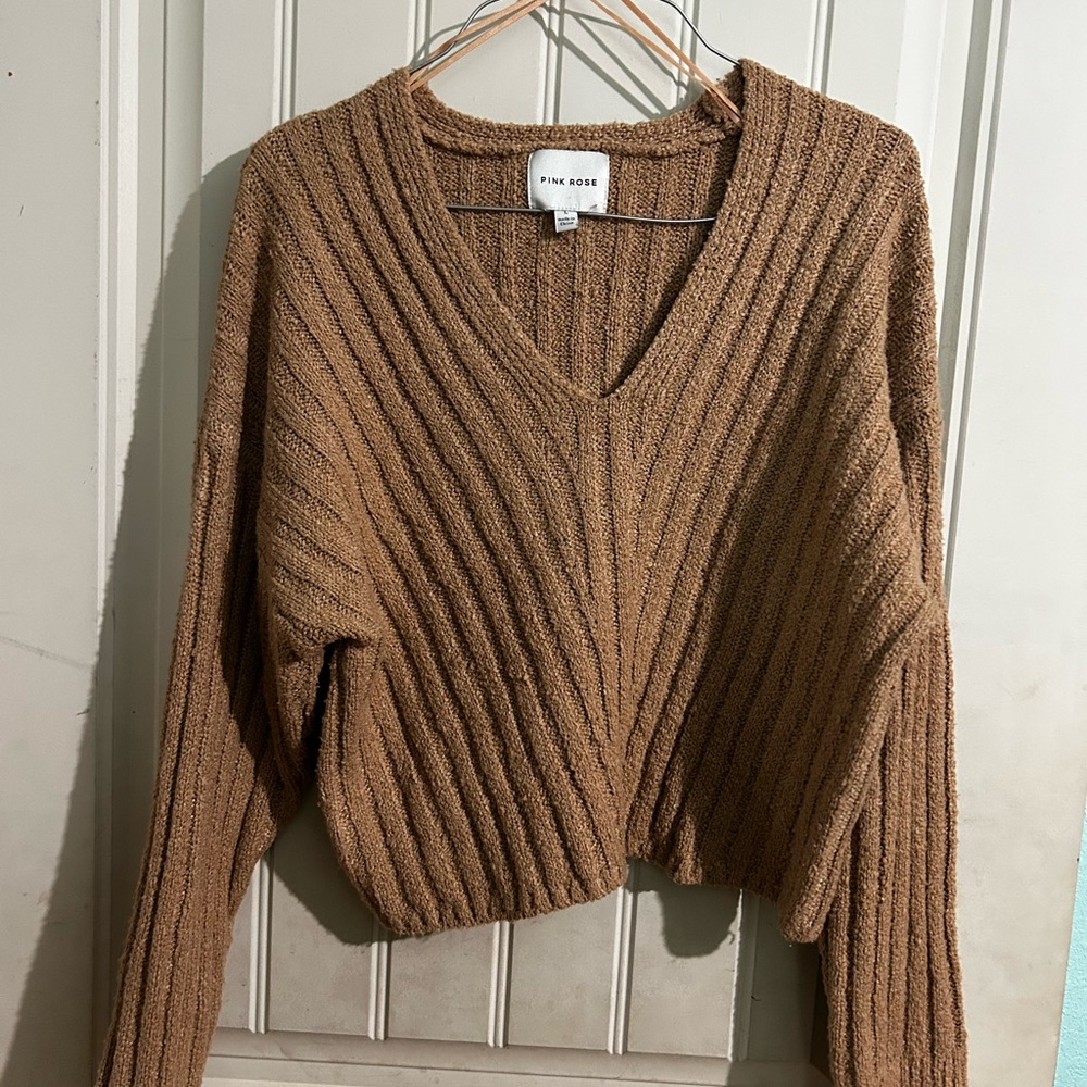 Pink Rose Tan V-Neck Sweater with Ribbed Texture